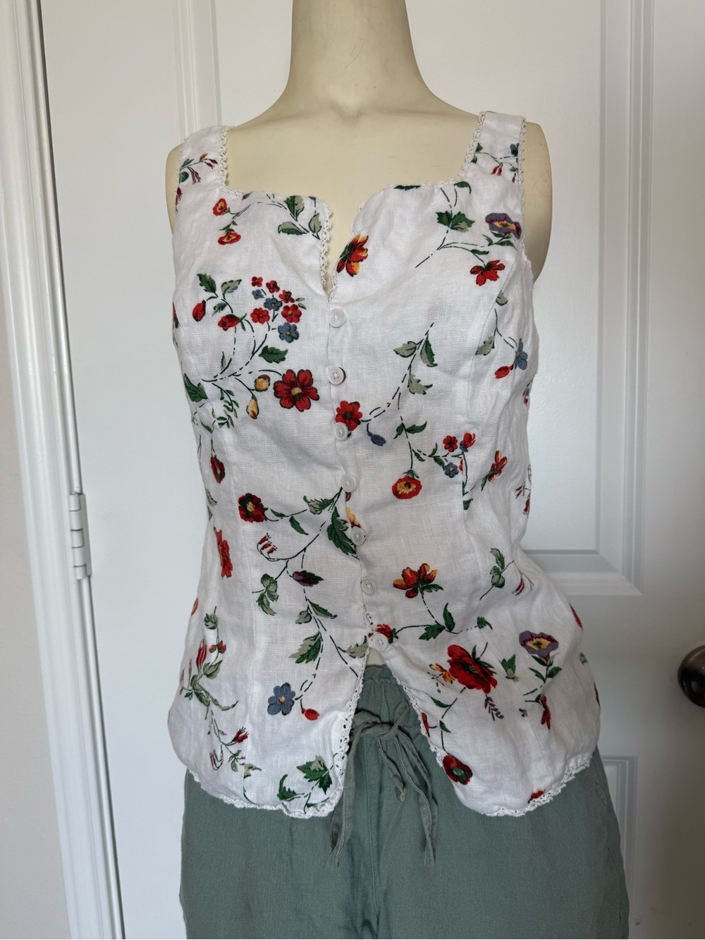 Edit Jason Wu Lace Trim Linen & Rayon Floral Print Tank Top in Ivory Wildflower